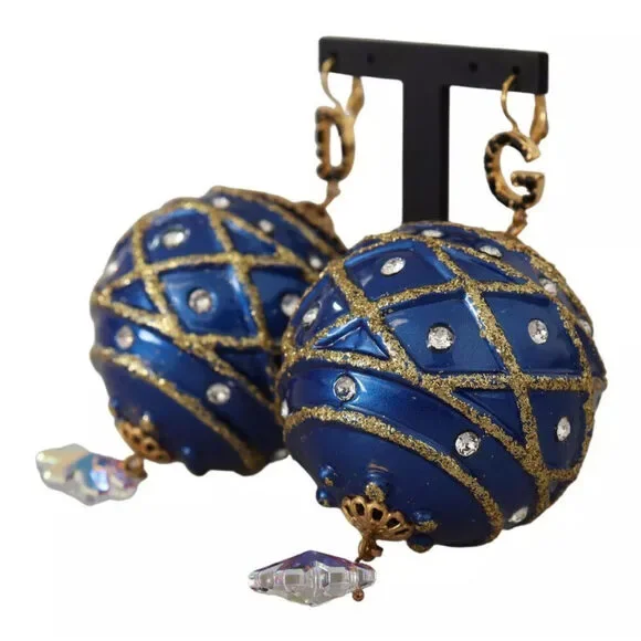 Dolce & Gabbana Gold Brass Blue Christmas Ball Crystal Hook Jewelry Earrings - Picture 3 of 9